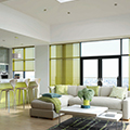 Sheer lime green panel blinds in a studio living space.