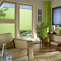 Green pleated blinds in a living room setting.