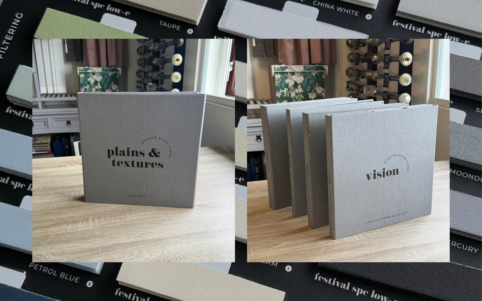 A collage image showing the plain & textures and vision POS books overlaid on colour swatches