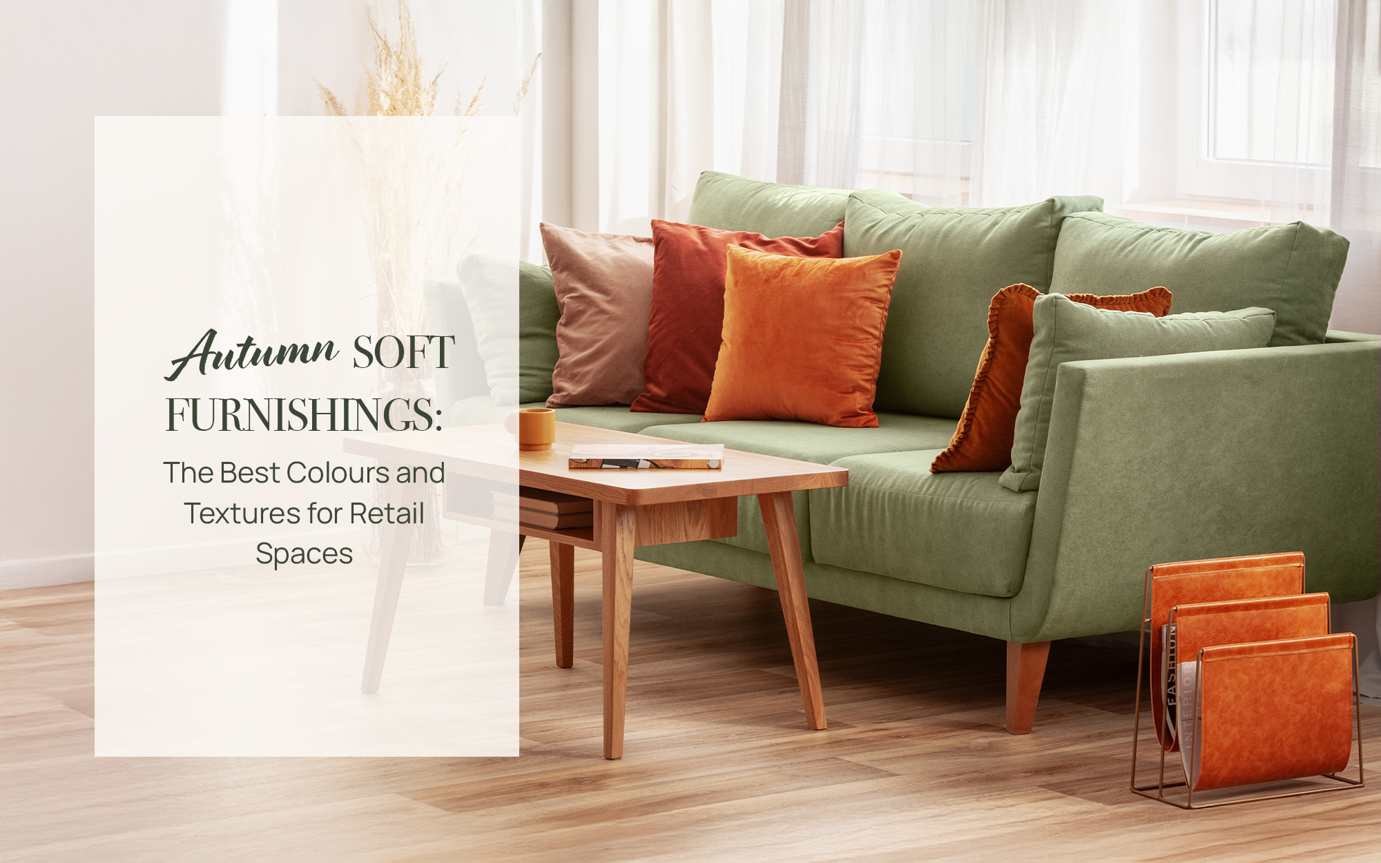 A sofa with green, orange and brown autumnal cushions