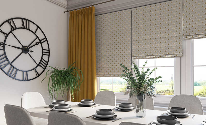 ochre curtains and roman blinds