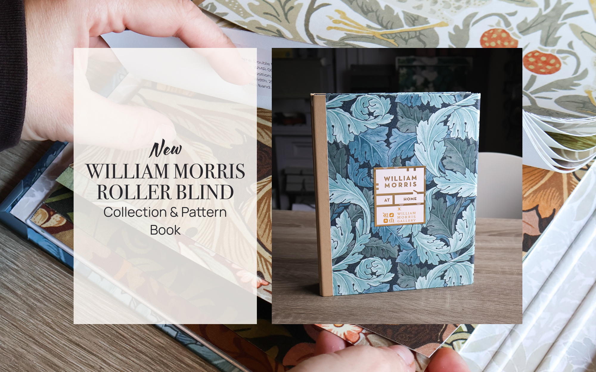 Close-up of the William Morris pattern book showing a selection of patterned fabric swatches in green and natural tones.