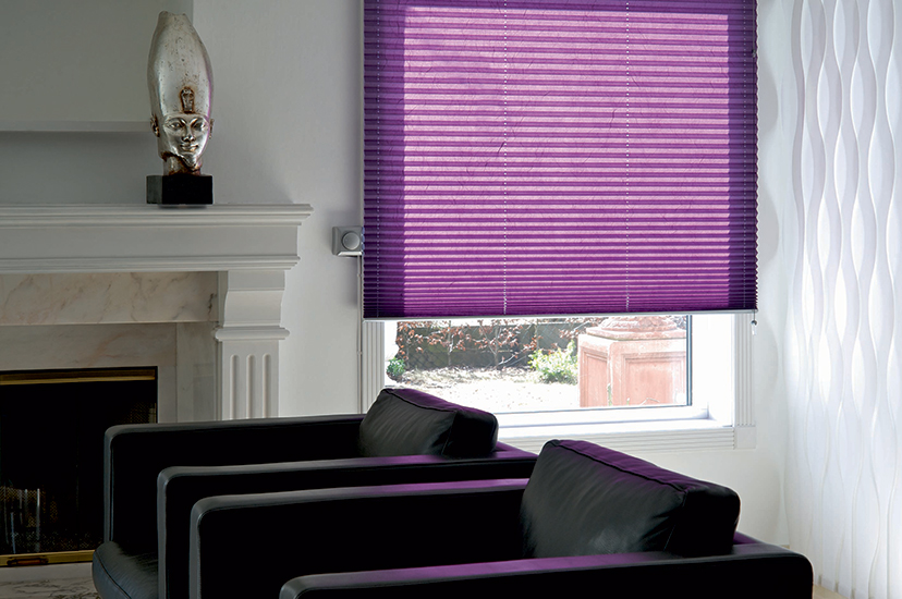 Purple pleated window blind